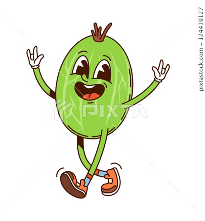 Groovy hippie gooseberry berry character. Isolated cartoon vector ripe and healthy retro green berry personage with large eyes, vintage sneakers and cheerful facial expression promotes healthy eating Groovy hippie gooseberry berry character. Isolated cartoon vector ripe and healthy retro green berry personage with large eyes, vintage sneakers and cheerful facial expression promotes healthy eating 124419127