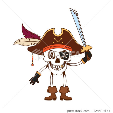 Cartoon groovy skull pirate, corsair and captain character in cocked hat, grins menacingly. Isolated vector Jolly Roger filibuster or sailor skeleton in tricorn cap, exuding spooky seafaring y2k vibe 124419154