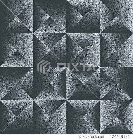 Noise grain stipple texture pattern. Vector abstract geometric background with black and white grainy or gritty gradient effect, creating an illusion of three dimensional pyramids or folded surfaces Noise grain stipple texture pattern. Vector abstract geometric background with black and white grainy or gritty gradient effect, creating an illusion of three dimensional pyramids or folded surfaces 124419155