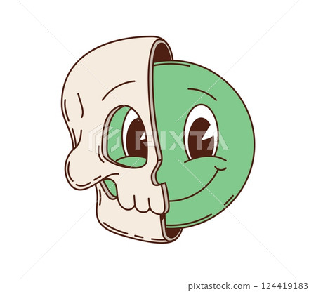 Cartoon groovy retro surreal smiling green face character partially covered by a peeling skull mask symbolizes duality, hidden identities, and contrasts between life and death conceptual y2l meaning 124419183