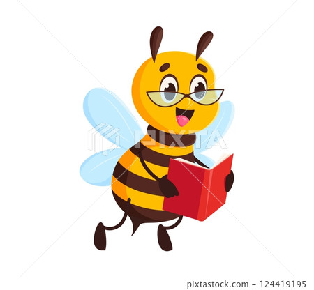 Cartoon honey bee character or cute honeybee reading book, vector animal mascot for kids. Funny bee or bumblebee in eyeglasses reading book, kids kindergarten education or preschool insect mascot Cartoon honey bee character or cute honeybee reading book, vector animal mascot for kids. Funny bee or bumblebee in eyeglasses reading book, kids kindergarten education or preschool insect mascot 124419195
