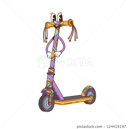 Retro cartoon groovy scooter kids toy character with happy face and streamers on handlebars. Isolated vector fun personage exudes vintage y2k vibe, ready for children games and outdoor activities Retro cartoon groovy scooter kids toy character with happy face and streamers on handlebars. Isolated vector fun personage exudes vintage y2k vibe, ready for children games and outdoor activities 124419197