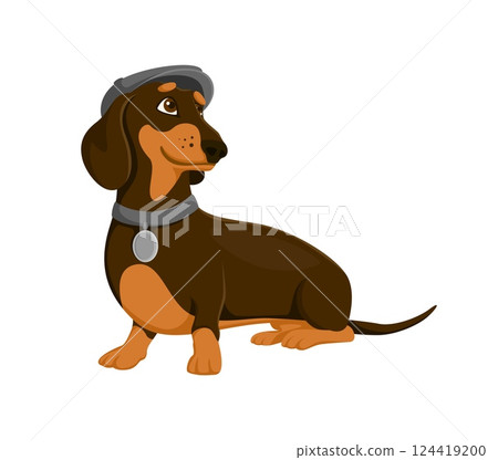 Cartoon stylish dachshund dog and puppy character wearing gray cap and collar with a tag. Isolated vector fashionable canine animal pet with its sleek brown coat and attentive expression exudes charm 124419200