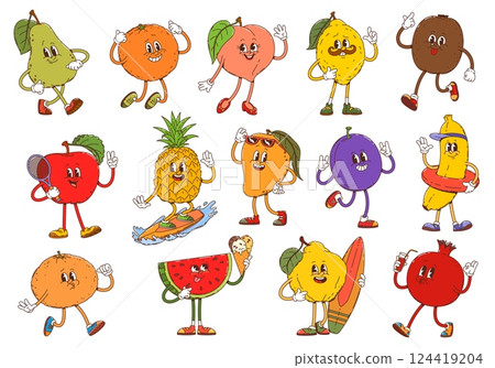 Cartoon funny groovy tropical fruit characters, vector fresh farm food doing summer activities. Retro cute orange, apple, mango and watermelon berries. Groovy lemon, peach and kiwi fruits characters 124419204