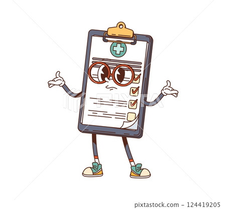Cartoon groovy medical prescription character. Vector y2k paper clipboard personage with confused face and red checkmarks on a checklist illustrating medicine, healthcare, pharmaceutical documentation 124419205