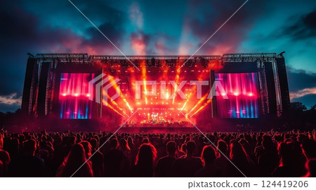 Concert Stage with Bright Lights and Large Screens 124419206