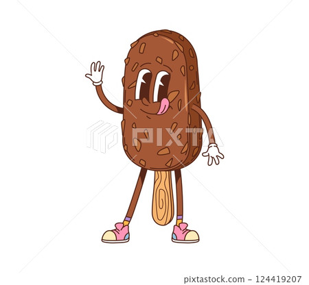 Retro groovy popsicle ice cream dessert character. Confectionery shop frozen dessert, sweet sundae funky isolated vector happy personage, chocolate popsicle cheerful mascot or groovy cute character 124419207