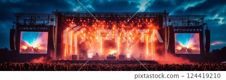 Concert Stage with Bright Lights and Large Screens 124419210