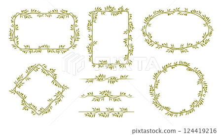 Green olive frames, dividers and borders of vector tree branches and leaves vintage pattern. Italian or greek vegetable oil, nature food and fruit plant frames with green olive tree branches wreaths 124419216