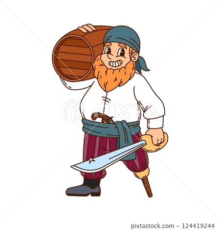 Retro cartoon groovy pirate and corsair character with a wooden leg, holding a sword and carrying barrel on his shoulder. Isolated vector sea sailor personage exudes swashbuckling y2k adventurer vibe 124419244