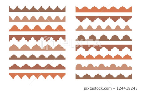 Arab morocco shapes, Islamic Saudi old pattern decor, uae oman qatar borders vector set. Decorative ornamental trims inspired by mughal architecture reflecting cultural or traditional Arabian heritage Arab morocco shapes, Islamic Saudi old pattern decor, uae oman qatar borders vector set. Decorative ornamental trims inspired by mughal architecture reflecting cultural or traditional Arabian heritage 124419245