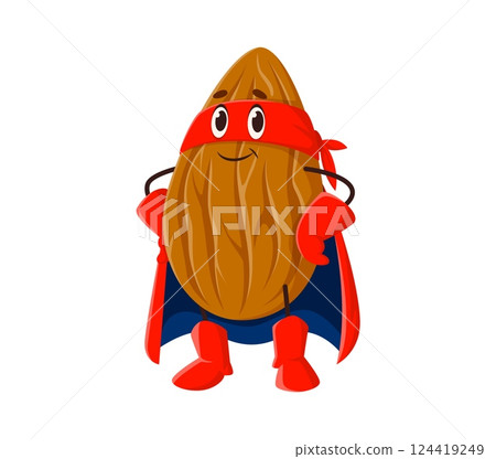 Cartoon funny almond nut character as superhero with funny face, vector personage. Almond super hero character in superhero mantle or superman power cape in hero eye mask and happy smile 124419249