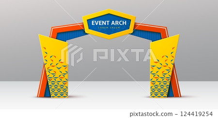 Blue, red and yellow event arch or entrance gate mockup, vector 3D template. Event arch for exhibition or expo entry welcome archway for sport marathon start and finish gate or concert entrance 124419254