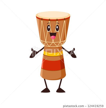 Cartoon funny African drum musical instrument character. Isolated vector tribal djembe, percussion musical instrument personage for music school educational classes, kids, folk performance or concert Cartoon funny African drum musical instrument character. Isolated vector tribal djembe, percussion musical instrument personage for music school educational classes, kids, folk performance or concert 124419259