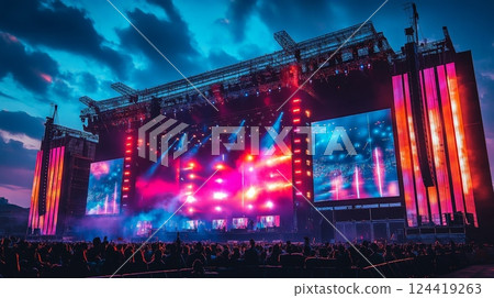Concert Stage with Bright Lights and Large Screens Concert Stage with Bright Lights and Large Screens 124419263