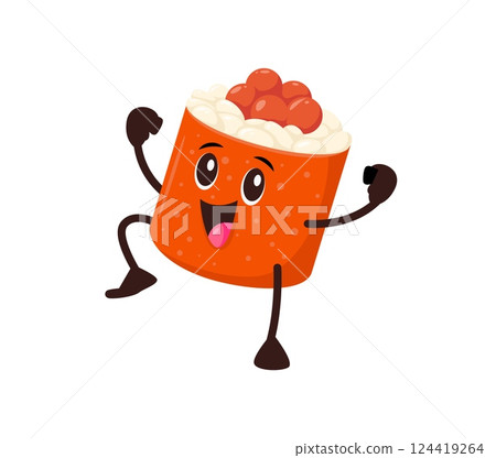 Cartoon sushi roll and fast food funny character, vector comic personage. Sushi roll with caviar or ikura maki character with happy smile on funky face and dancing for Japanese cuisine fast food emoji 124419264