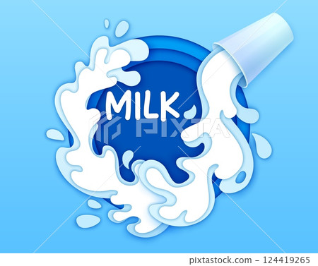 Milk glass and drink wave splash in paper cut, vector banner for dairy product. Fresh milk splash of spill and pours from glass with drops explosion in paper cut layers of milk flow on blue background Milk glass and drink wave splash in paper cut, vector banner for dairy product. Fresh milk splash of spill and pours from glass with drops explosion in paper cut layers of milk flow on blue background 124419265