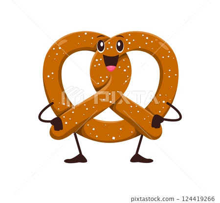 Cartoon funny fast food character of pretzel bread with happy face, vector personage. Cute smiling pretzel pastry with salt and cute funny face for pastry character and kids fast food snacks menu 124419266