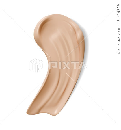 Beige foundation cream swatch, skincare cosmetic. Realistic creamy cosmetics drop, beauty skincare product, lotion, concealer or bb creme. Isolated 3d vector smooth beige concealer with glossy texture 124419269