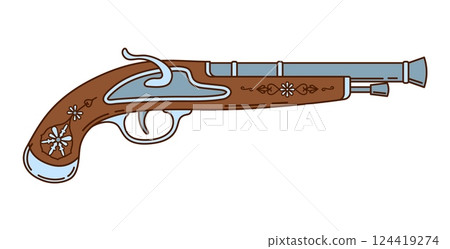 Cartoon groovy corsair and pirate flintlock, vintage pistol gun with engravings on its wooden handle and metal barrel. Isolated vector classic firearm for duel, treasure hunt, and historical adventure 124419274