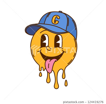 Cartoon groovy melt smile face character wears sport cap has a goofy expression with its tongue sticking out. Isolated vector yellow dripping emoji, melting psychedelic facial emoticon with funky vibe 124419276