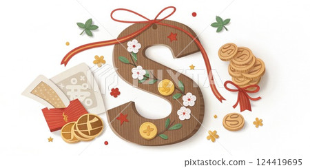 S and Lucky Charms A wooden s decorated with traditional lucky charms and red ribbons symbolizing protection and good luck for the new year.. 124419695