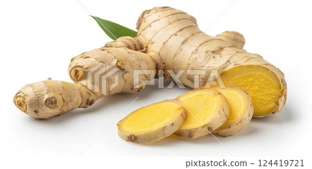 Fresh Ginger Knob A by beige root with a slightly wrinkled surface intricately twisted showcasing its aromatic fibers when open at the tip releasing a rich goldenyellow juice.. 124419721
