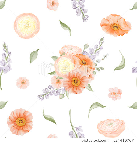 Spring Flowers Seamless Pattern. Hand drawn Watercolor Illustration of Iceland Poppy, Ranunculus, Freesia and Peach or Cherry blossom. For fabric or textile prints, gift packaging paper. 124419767