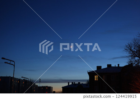 Twilight Serenity A Beautiful Celestial View Over a Quiet Urban Cityscape at Dusk 124419915
