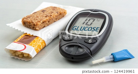 Snack Wrapper and Glucose Meter A closeup of a cled snack wrapper next to a glucose meter showing an alarming reading highlighting poor choices made during tiredness.. 124419961