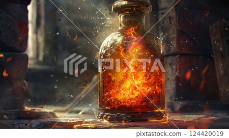 A vial full of fieryorange liquid said to provide protection against even the most powerful spells and curses 124420019