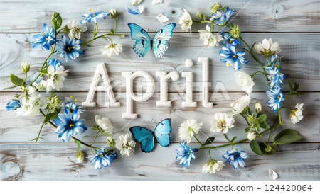 Vibrant blue and white spring flowers surrounding april with butterfly design 124420064