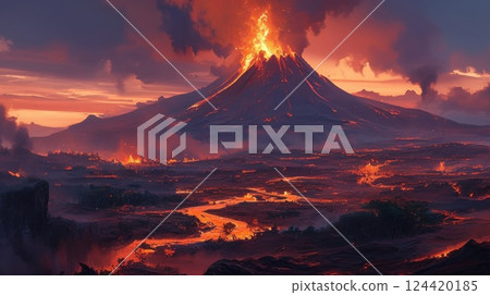 As the volcano erupted a cloud of fiery lava dust billowed into the night sky casting an eerie red glow across the landscape As the volcano erupted a cloud of fiery lava dust billowed into the night sky casting an eerie red glow across the landscape 124420185