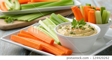 Veggie Sticks and Dip A close view of fresh carrot and celery sticks arranged in a small dish with hummus emphasizing the bright colors and crunchy textures that make for a. 124420262