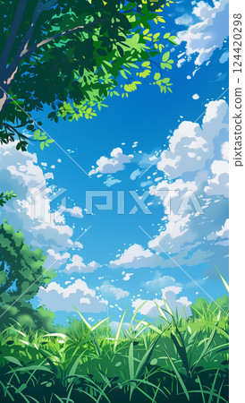 Vibrant blue sky and white clouds with lush green grass background and leaves 124420298