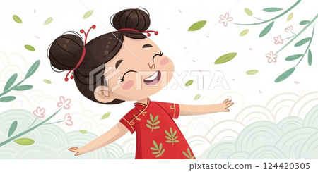 Girl in Qipao A young girl smiles brightly wearing a red Qipao with subtle green s patterns. She has her hair styled in two buns adorned with delicate hairpins.. 124420305