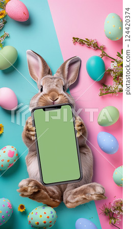 Adorable easter bunny with phone surrounded by colorful eggs and festive decor 124420374