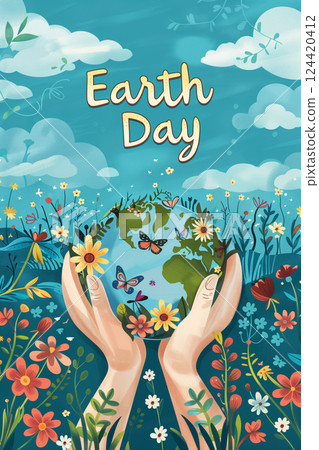 Illustration of a heartwarming earth day greeting card design with text 124420412