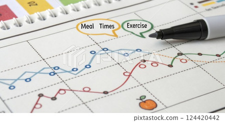 Trend Line with Annotations A closeup of a line graph with annotations pointing out specific events like meal times or exercise that may have influenced sugar trends.. 124420442