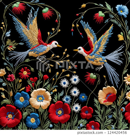 Vector traditional hungarian embroidery. Bright floral ornament with birds on black background Vector traditional hungarian embroidery. Bright floral ornament with birds on black background 124420456