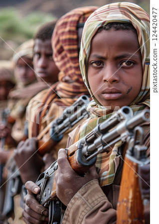 Group of determined young boys in mountains ready for combat with rifles 124420477