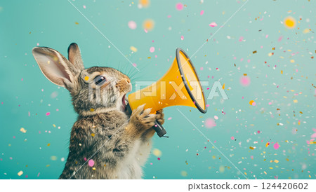 Cute rabbit with megaphone celebrating easter amidst confetti background 124420602