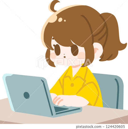 一名綁著馬尾辮的女子正在使用筆記型電腦（無主線） 124420605