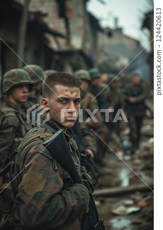 World war II style soldiers in camouflage uniforms amidst a war-torn eastern european town 124420613