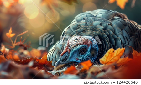 Majestic turkey resting on colorful autumn leaves - perfect for animal wallpaper Majestic turkey resting on colorful autumn leaves - perfect for animal wallpaper 124420640