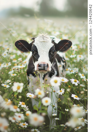 Captivating black and white calf gazing at the camera amidst colorful daisies 124420642