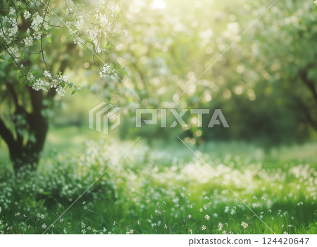 Vibrant spring background of green grass with white flowers and bokeh with copy space 124420647