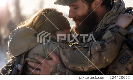 Emotional reunion: soldier embracing daughter in a heartfelt moment 124420653