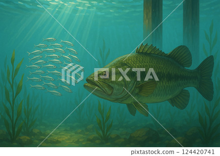 一條黑鱸魚躲在碼頭上，捕食小魚 124420741