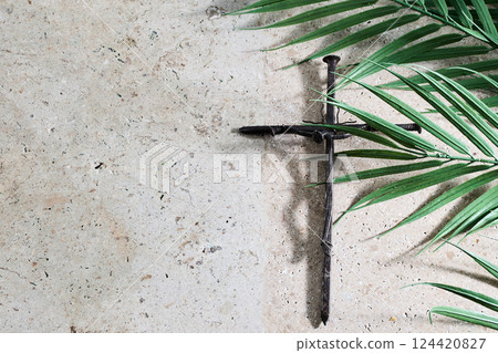 Palm Sunday, Rustic Cross and Leaves 124420827